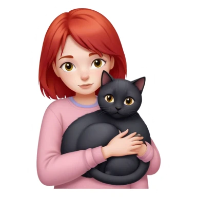 
a girl with red hair in pastel clothes hugs a black British cat sticker