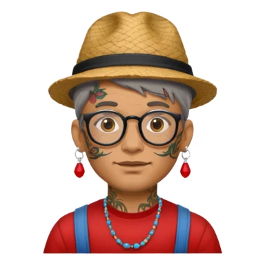 unique looking tourist with big unique red tourist hat and earrings, man with lots of tattoes and spectacles, hair showing sticker