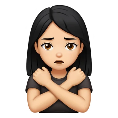 a Carmel tone girl with black hair crossed arms choking her self with a sarcastic face sticker
