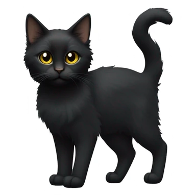 One petite, solid black furred cat. Light yellow eyes. Black pointed tufts of long fur at only the very tip-top points of its ears like a lynx. Fully body black and no other color markings. Facing forward and standing with ears slightly tilted. sticker