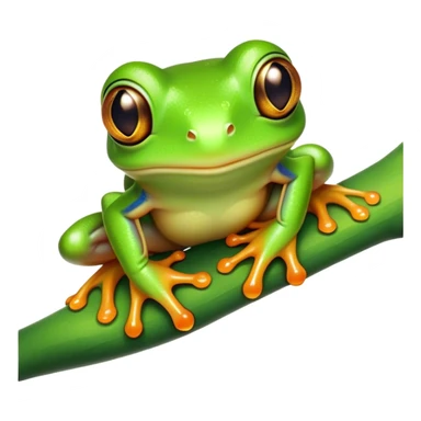Cinematic Cute Green Tree Frog Portrait Emoji, Head tilted playfully and inquisitively, featuring a charmingly compact form with vivid green, slightly textured skin, prominent sticky toe pads, and round, sparkling eyes full of playful wonder, Simplified yet irresistibly adorable features, highly detailed, glowing with a warm, inviting jungle glow, high shine, affectionate and lively, stylized with a touch of tropical whimsy, soft glowing outline, capturing the essence of a mischievous yet loving frog that seems as if it could hop out of the screen into your arms! sticker