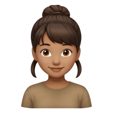 In Apple Memoji format, a girl with dark brown hair. She has bangs and her hair is in a singular high bun. The girl is arab and has light brown skin. She is wearing a brown shirt. She is soft smiling, no teeth shown. sticker