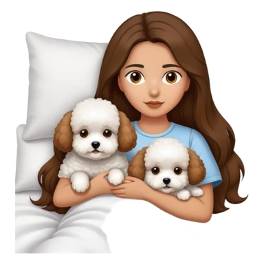 Olive skin girl with long brown hair in bed with 3 WHTE bichon frise's sticker