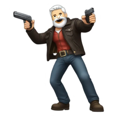 biff wiff santa beard wearing a leather jacket (full body, ios17)strandling a man and holding a pistol pointing it down at the head of a man laying on the ground sticker