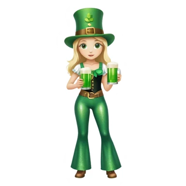 Blonde haired girl in glittery green bell bottoms and tall leprechaun hat holding a green beer sticker