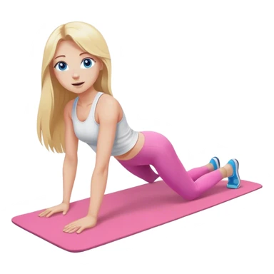 A cinematically realistic blonde with long hair and blue eyes, dressed in a white top and pink leggings, performs a sports exercise on a mat sticker