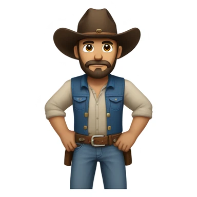 a rugged cowboy with a thick beard, wearing a blue vest over a classic western shirt and a brown belt with a silver buckle. He should have a confident stance, showing full torso sticker