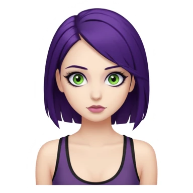 alternative girl with dark purple hair and big eyelashes, beautiful makeup and greenish grey eyes, straight eyebrows & wearing a low cut black tank top sticker