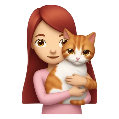 girl with long very dark red hair and dark brown eyes and light pink outfit hugging a white & ginger cat  sticker