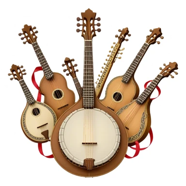 Design a complex and festive emblem-like emoji representing plucked string instruments, such as a banjo, mandolin, domra, sitar, and similar instruments. The composition should resemble a heraldic crest, with the instruments arranged symmetrically and gracefully, their necks intertwining with a flowing ribbon of musical notes. The ribbon should weave through the strings and headstocks, symbolizing the harmonious connection between the instruments. Use detailed engraving on the instrument bodies and fretboards to emphasize their craftsmanship. Incorporate rich, celebratory colors like gold, mahogany brown, deep green, and vibrant accents. Add subtle shading and light reflections to create a three-dimensional, polished look. Include ornate elements like swirls, laurel leaves, and decorative flourishes to enhance the festive and professional appearance. The background should be transparent to highlight the emblem as a standalone piece. sticker