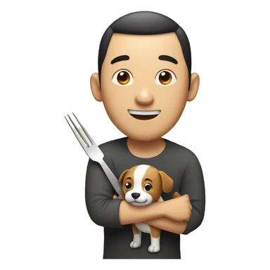 Chinese man with knife and fork smiling with dog sticker