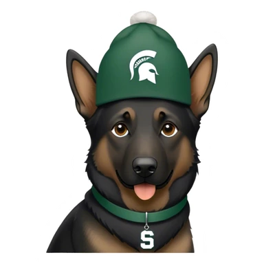 Black German shepherd wearing a Michigan state spartan hat sticker