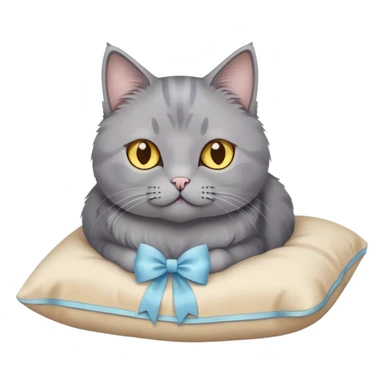 A grey cat with yellow eyes and a light blue bow sits on a beige pillow



 sticker