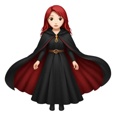 a beautiful woman with long red hair reaching her waist, hazel eyes, and wearing a black cloak sticker