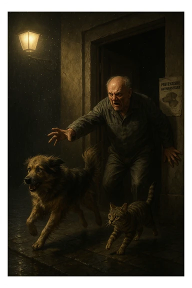 Un uomo anziano in tuta da lavoro, con espressione arrabbiata, butta fuori i suoi animali con aperta la porta di casa mentre il suo cane (un meticcio a pelo lungo) e il gatto (soriano) scappano nella strada buia sotto la pioggia. Particelle di polvere/pulci fluttuano nell'aria illuminata dal lampione. Sullo sfondo, un poster strappato del veterinario con scritto 'Prevenzione antiparassitaria'. Stile fotorealistico, illuminazione Caravaggesca, toni grigi e ocra. in italiano sticker