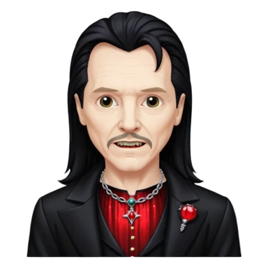 Gary Oldman as Dracula with long black hair, black sequin outfit, shirtless with necklace sticker