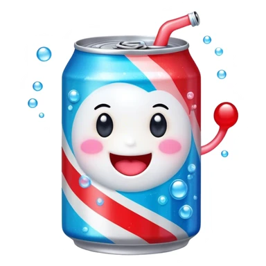 Cute Kawaii Soda Can, bubbly and vibrant, bright red and blue stripes, playful fizz popping around, a chubby happy face with wide sparkling eyes, energetic and refreshing! sticker