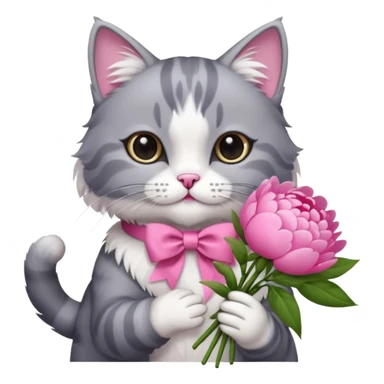 Cute cat Handing pink peonies like reaching a hand and handing them out a bouquet of them not a physical hand the cats hand  make the cat fluffy and grey and white fluffier make the cat wear a pink coquette make her wear a pink coquette sticker