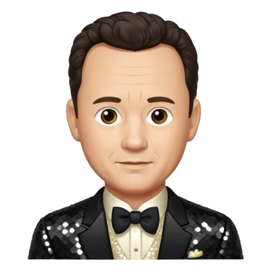 Tom Hanks with dark brown hair, ivory sequin outfit sticker
