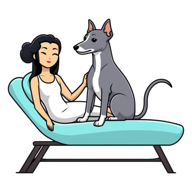 Very thin Chinese woman with long black hair relaxing on a spa lounger with exactly ONE whippet dog. EXTREME IMPORTANCE: the whippet must have a COMPLETELY GREY FACE with ABSOLUTELY NO WHITE MARKINGS anywhere on its face, muzzle, or nose. The entire dog must be ONE SOLID VERY DARK CHARCOAL GREY COLOR from nose to tail with NO WHITE or LIGHT AREAS anywhere - NO white on face, NO white on muzzle, NO white on chest, NO white on paws, NO white on tail - NOTHING BUT A SINGLE SHADE OF VERY DARK GREY throughout the entire animal sticker