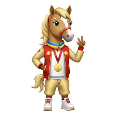 anthropomorphised horse in a hip-hop outfit, wearing a gold medal sticker