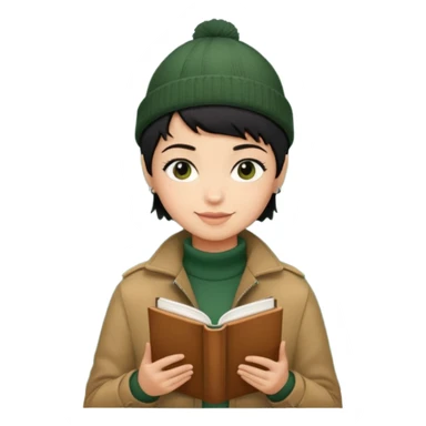 tan skin, non binary man with pixie cut black hair, wearing brown jacket and dark green beanie, shy smile , holding up  book  sticker