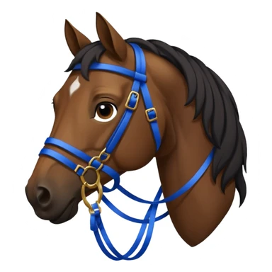 Brown horse with black men wearing a bridal with a blue ribbon hanging on the bridal sticker