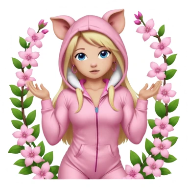 sexy and muscled, full body, in pink kegurumi pijamas, pig hood, sexy woman, long blond hair, beautiful blue eyes, makeup, earrings, muscled, surrounded by pink flowers and sakura petals sticker