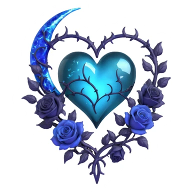 gothic heart, deep teal glass, silver crescent moon, blue-black roses, iridescent stardust, neon blue lightning, wet and splintered glass sticker