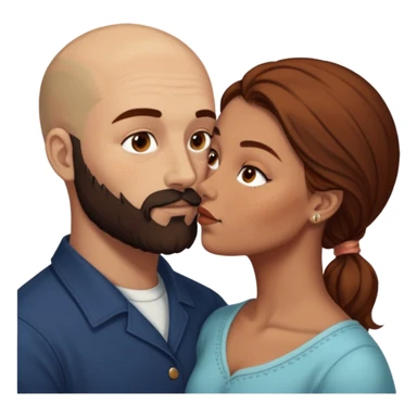 Couple. Bald man with dark brown-black beard. White woman with many small, faded freckles, she has white skin and she has auburn-brown-cinnamon, dark long hair. She has light brown eyes. The man have hazel eyes. She have light eyes. Retro style. She kisses him. Dark akademia. sticker