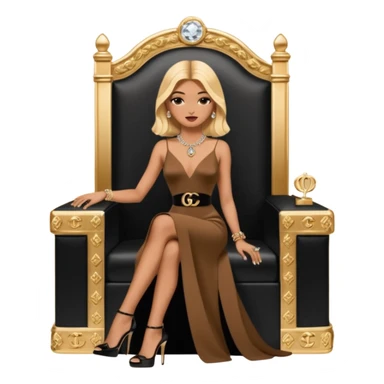 Lilith symbol light brown eyes. Woman of justice and power. Shoulder  length blonde haired  woman with Gucci and Chanel  bags next to her. Wearing long brown and black elegant dress with slit, sitting on a Chanel throne and diamonds everywhere around her. Black Platform high heels on feet. Chanel  sticker