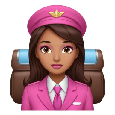 Flight attendant with pink outfit tan skin long dark brown hair with highlights pretty makeup long lashes sticker