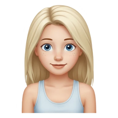 Una chica de tez blanca con pecas, nariz respingada, labios gruesos, ojos grandes color azul grisáceo, pelo largo, lacio, color avellana. Con una blusa de tirantes blanca. Que este sonriendo y q solo se vea de la cintura hacía arriba sticker