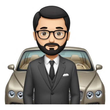 Professor Bentley Dyed black gray hair  frencb beard graying indian guy in suit with a bentley car. Older look with glasses sticker