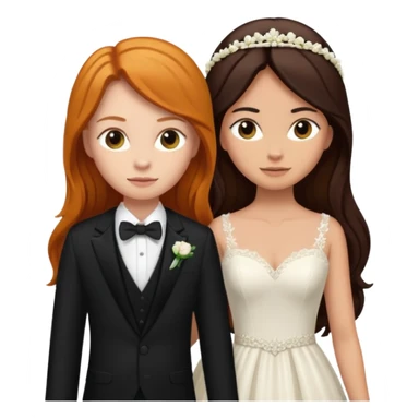 two girls getting married. one ginger with long hair in a BLACK SUIT. one DARK Haired brunette in a WEDDING dress sticker