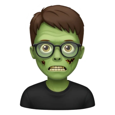 Green zombie, brown hair, black glasses, black shirt. iOS style. sticker