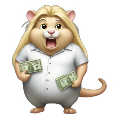 Angry fat Rat standing up with long blond hair holding money sticker
