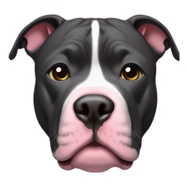 Black adult pitbull with pink mark on upper nose, with a thin white line from nose to forehead sticker