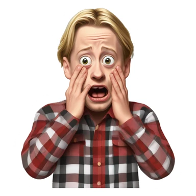 macaulay culkin from Home Alone, putting both hands on his face and screaming of fear. bring the hands down lik he is putting on his cheeks. sticker