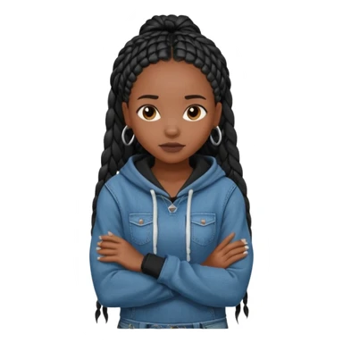 African American dark skin girl with long black box braids wearing plain black hoodie with denim skinny jeans with arms folded across chest sticker