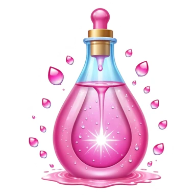 Pink teardrop-shaped glass bottle with rounded pump, glowing with iridescent light. Surrounded by sparkling dew drops, soft heart-shaped flares, and floating. Emits a radiant pink aura that glows like sunrise on skin. Feels like a glamour spell bottled into a juicy, glossy emoji flask. sticker