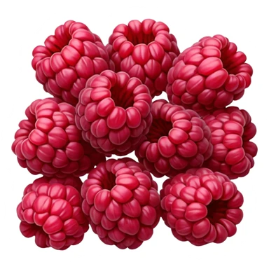small cluster of whole dried raspberries with deep red to burgundy tones, wrinkled surfaces, hollow airy centers, matte slightly crisp texture, natural irregular shapes, no bowl or extras, soft lighting, subtle shadows, emoji scale sticker