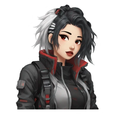 Gorgeous techwear anime style lady with blushing face aesthetic and pretty edgy black red white punk messy hair with collar and harness trending style sticker