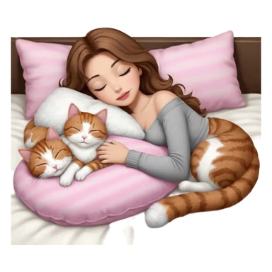 girl with long wavy brown hair, brown eyes, long lashes makeup, sexy pink lips, light to medium complexion,  sleeping on a cozy pillow, with 6 cats: 1 brown and white tabby cat, 1 ginger and white, 2 grey and white, 1 grey with white mittens and small white patch on chest and 1 calico, sleeping sticker