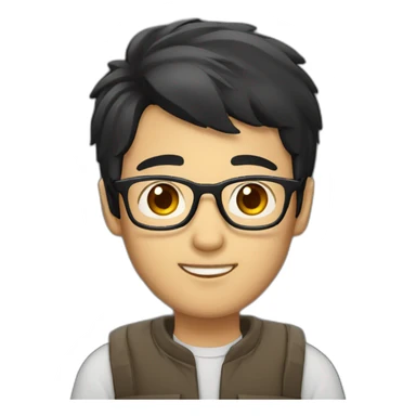 Asian developer black hair brown eyes with glasses and laptop sticker