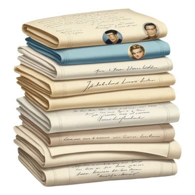 Icon for Autograph Collecting: several vintage framed with signatures of famous celebrities sheets stacked one on top of the other, each . The icon should evoke the charm and history of collecting autographs. Transparent background. sticker