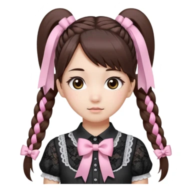 jirai kei, девушка с длинными прямыми темно каштановыми волосами и несколько розовых прядей по всей голове в разных местах, прическа два высоких хвоста заплетённые пушистыми белыми резинками. милое лицо. серо-розовая рубашка и чёрный бант, много кружев чёрного цвета sticker