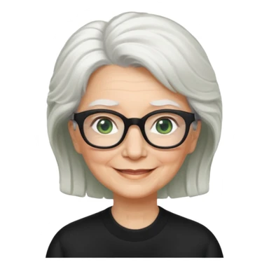 White hair grandma, green eyes, hair to shoulder, lokeg black glasses, rectangles face, smile , sticker