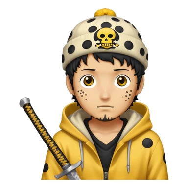 Trafalgar Law with spotted hat, yellow hoodie, nodachi sword sticker
