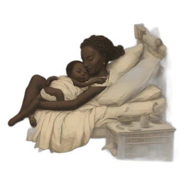 The tribal african woman sleeping in bed with a babies bab babies, 17th century, sticker